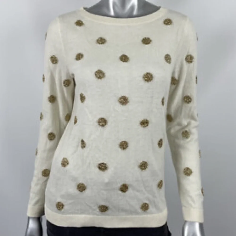 EUC Talbots Cream Sweater with Silver,Shiny Polka Dot w/Long Sleeves Scoop Neck - Picture 2 of 11